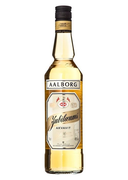 Aalborg Jubileum Akvavit golden Danish liqueur bottle with dill and coriander