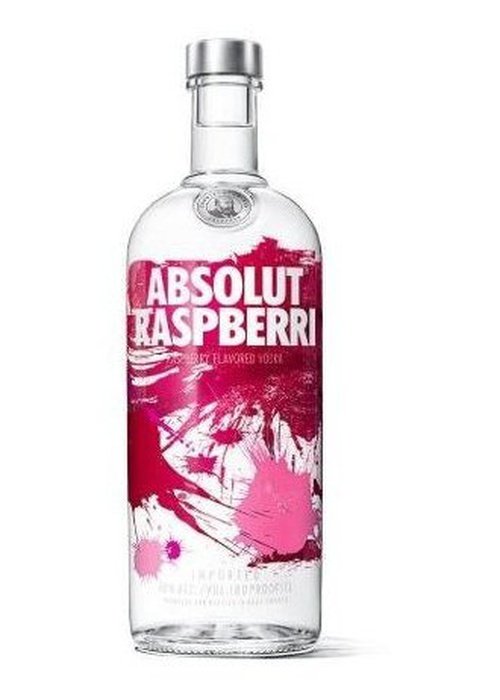 Absolut Raspberri vodka bottle with raspberry flavor label and pink abstract design