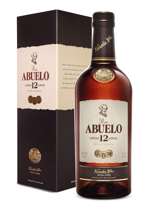 Ron Abuelo Añejo 12 Años dark rum bottle with retail box showing gold seals and Panama label