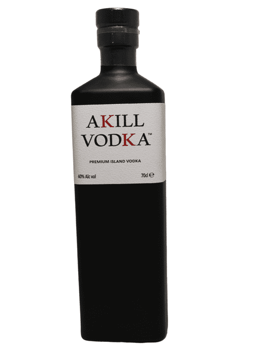 Akill Vodka 700ml black glass bottle with white label and red text