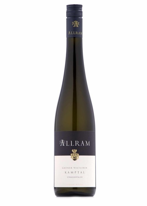 Allram Gruner Veltliner white wine bottle from Kamptal Austria with dark blue foil cap and label