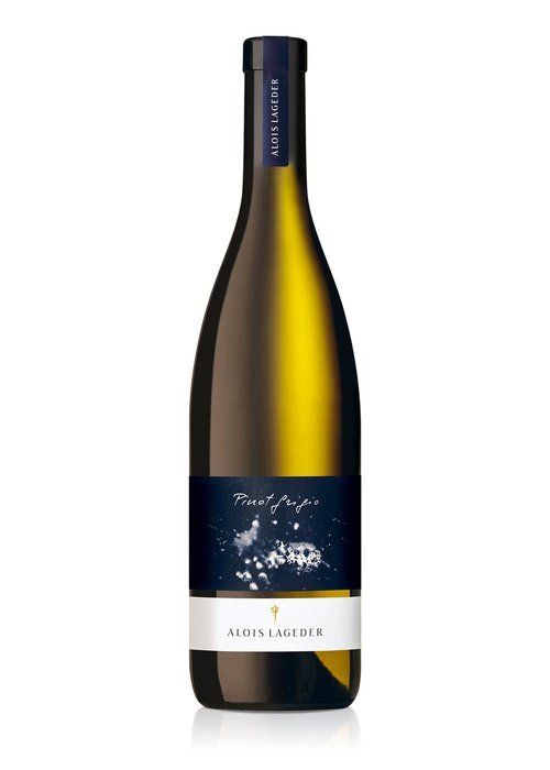 Alois Lageder Pinot Grigio white wine bottle with navy and gold label
