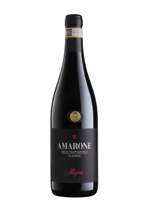 Amarone Allegrini red wine bottle with black label and gold foil neck