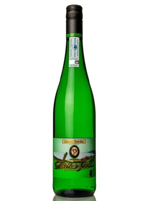 Ameztoi Txakoli white wine bottle with green glass, black screw cap, and label featuring landscape illustration