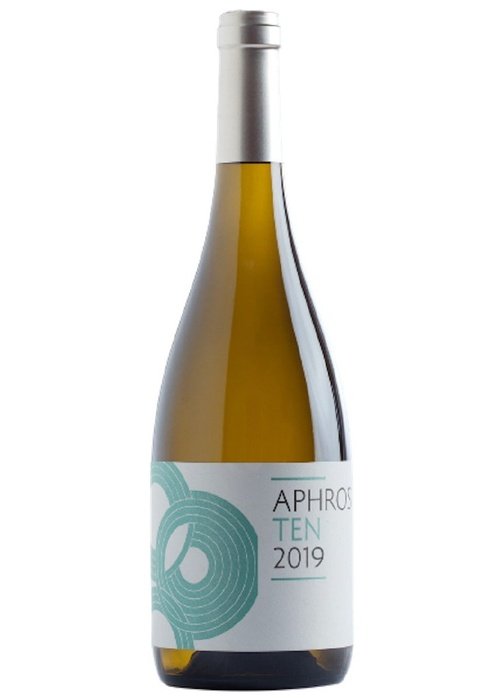 Aphros Ten 2019 white wine bottle with greenish-yellow glass and teal abstract label design