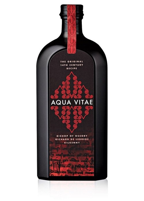 Aqua Vitae 500ml Irish spirit bottle with red ribbon and historic label