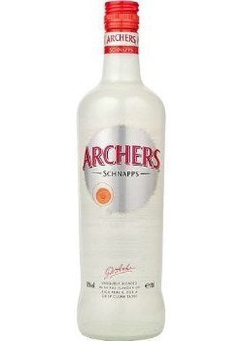 Archers Peach Schnapps 700ml frosted white bottle with red cap and peach label