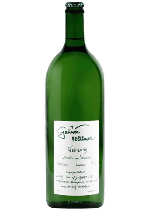 Arndorfer Grüner Veltliner 1L white wine bottle with handwritten label
