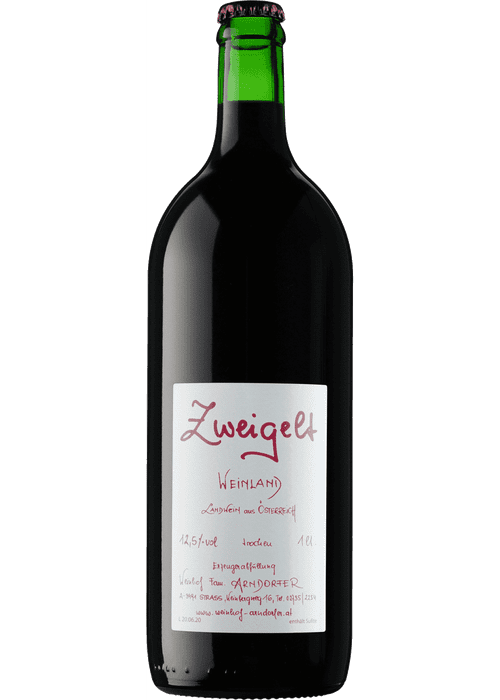 Arndorfer Zweigelt 1L red wine bottle from Austria with green cap and white label