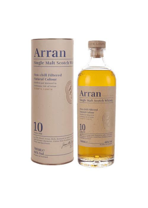 Arran 10 Year Old Single Malt Scotch Whisky bottle with cork stopper beside beige cardboard tube packaging