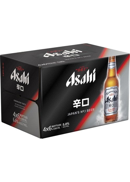 Asahi Super Dry beer 4x6 bottle case 330ml with red accents and Japanese Karakuchi label