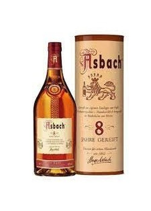 Asbach 8 Year Old German Brandy bottle with cylindrical packaging and amber liquid