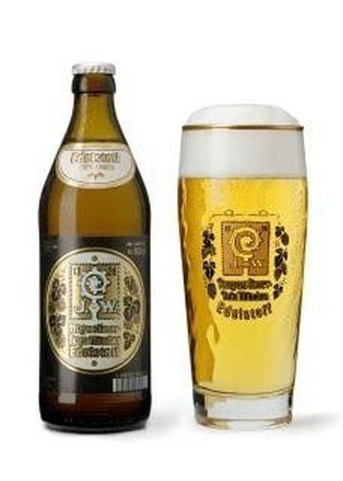Augustinerbrau Edelstoff 500ml German lager bottle with golden beer in glass