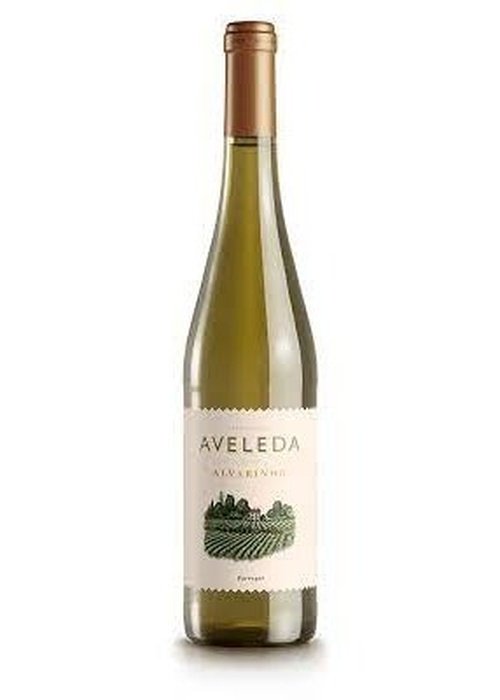 Aveleda Alvarinho Vinho Verde white wine bottle with gold foil and vineyard label