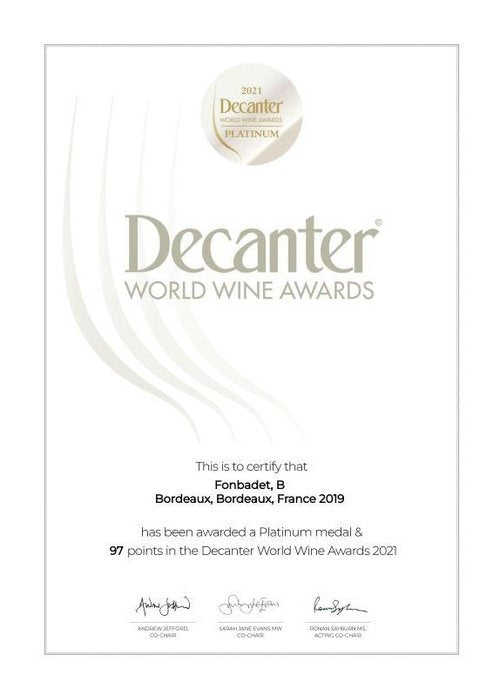 2021 Decanter World Wine Awards Platinum certificate for B by Fonbadet Bordeaux 2019