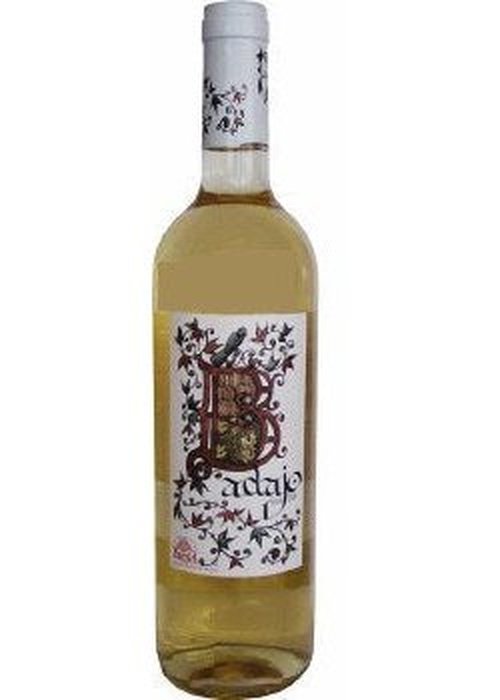 Badajo Rueda white wine bottle with ornate label featuring bird crest and golden liquid