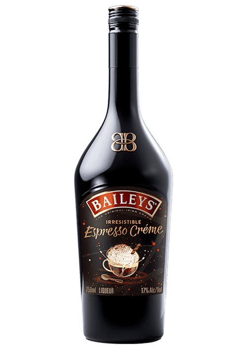 Baileys Espresso Creme 750ml black bottle with gold cap and coffee bean label