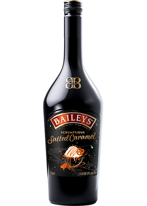 Baileys Salted Caramel 500ml liqueur bottle with gold cap and dessert illustration