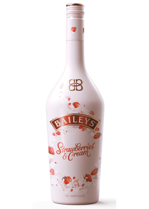 Baileys Strawberries & Cream 700ml liqueur bottle with pink glass and strawberry cream label