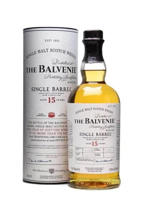 Balvenie 15 Year Old Single Barrel Scotch Whisky bottle with original packaging