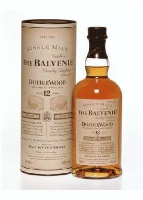Balvenie 12 Year Old Doublewood Single Malt Scotch Whisky bottle with cylindrical packaging