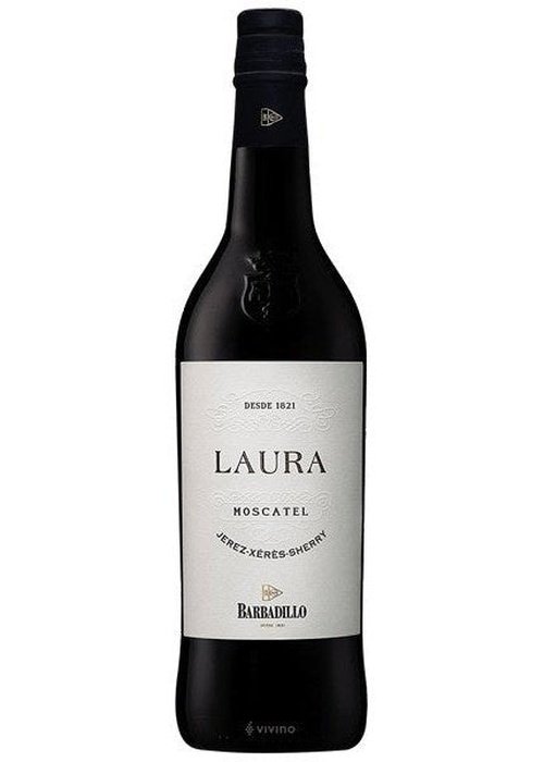 Barbadillo Laura Moscatel Sherry bottle with black capsule and shield logo