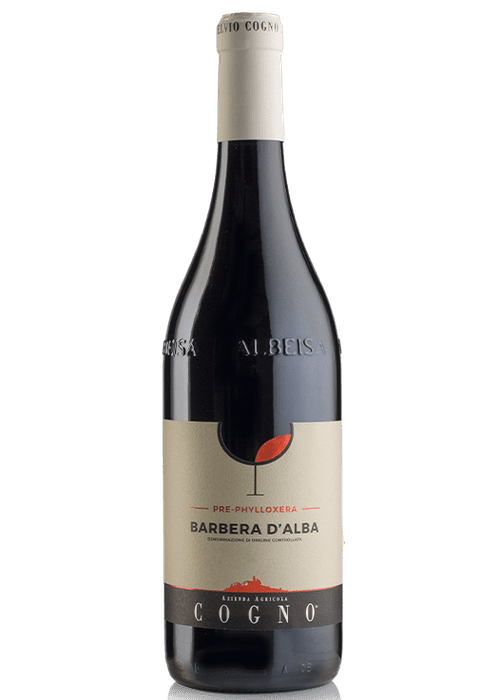 Barbera D'Alba Cogno Pre-Phylloxera red wine bottle with beige label and ship silhouette