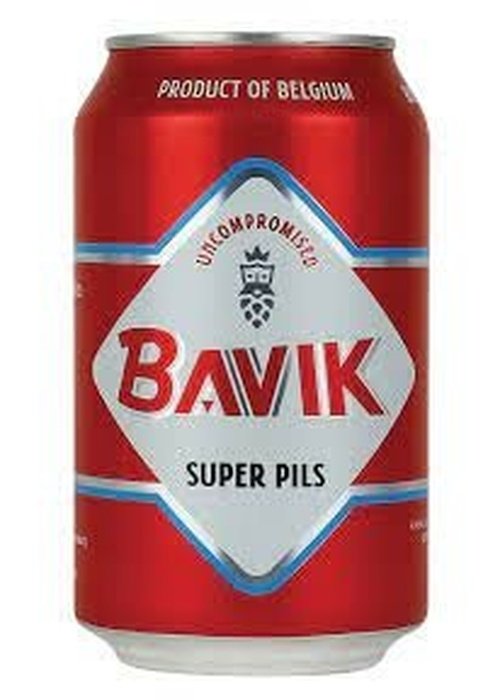 Bavik Super Pils 330ml red aluminum can with white diamond logo and Belgium label
