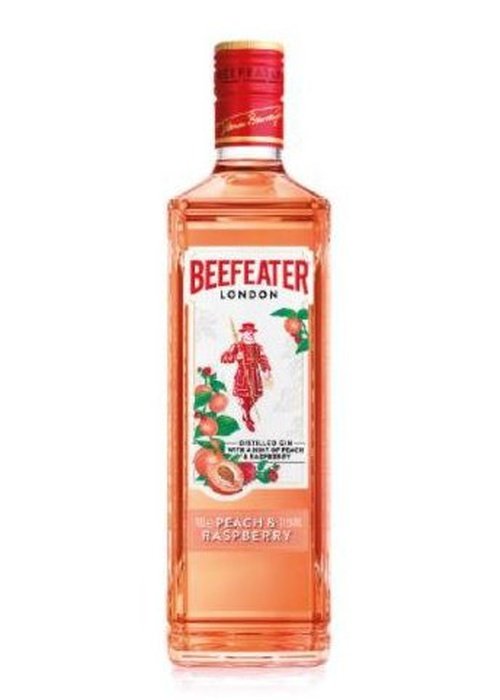 Beefeater Peach & Raspberry gin bottle with red cap and fruit illustrations