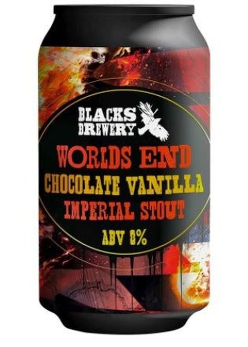 Blacks Kinsale Worlds End Imperial Stout 440ml can with chocolate vanilla flavor and fiery red orange label