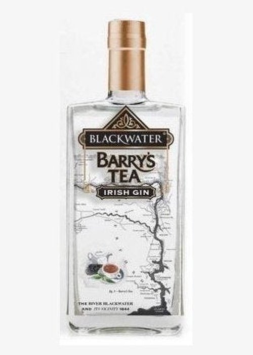 Blackwater Barry's Tea Gin bottle with gold cap and Irish landscape label