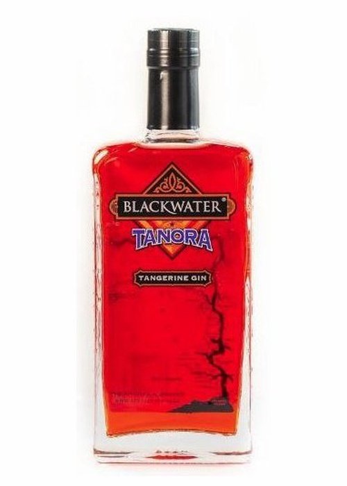 Blackwater Tanora Tangerine Gin bottle with red liquid and tree silhouette label