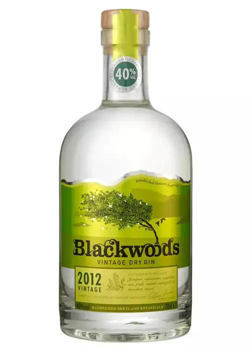Blackwood's Vintage Dry Gin 700ml bottle with cork stopper and Shetland botanicals label
