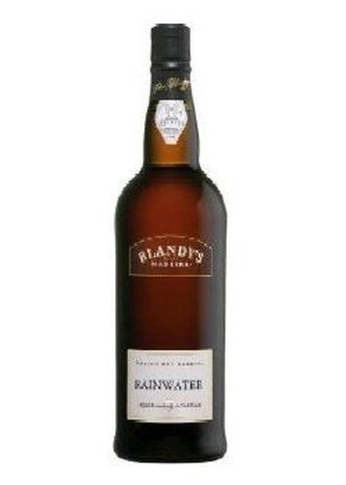 Blandy's Rainwater Madeira fortified wine bottle with gold label and amber liquid
