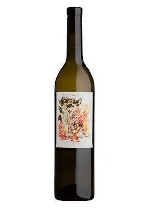 Dark green glass white wine bottle with abstract orange and red label art