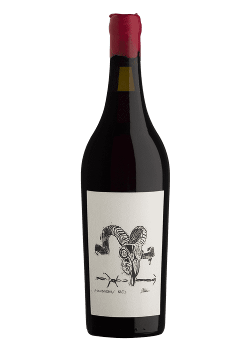 Blankbottle Retirement at 65 red wine bottle with ram skull label and barbed wire design