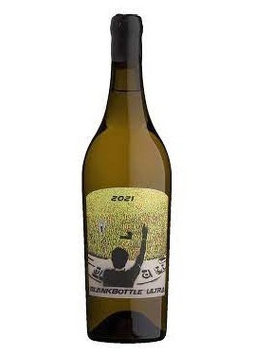 Blankbottle Ultra white wine bottle with textured yellow-green label and black silhouette design