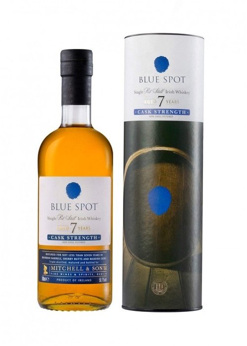 Blue Spot 7 Year Old Cask Strength Single Pot Still Irish Whiskey bottle and packaging