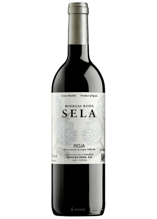 Bodegas Roda Sela Rioja red wine bottle with white label and gray floral design