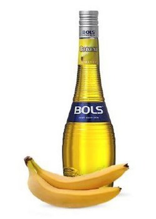 Bols Banana 700ml liqueur bottle with yellow liquid and fresh bananas