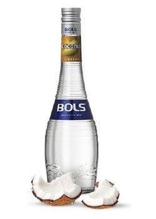 Bols Coconut 700ml clear rum liqueur bottle with silver cap and cracked coconut