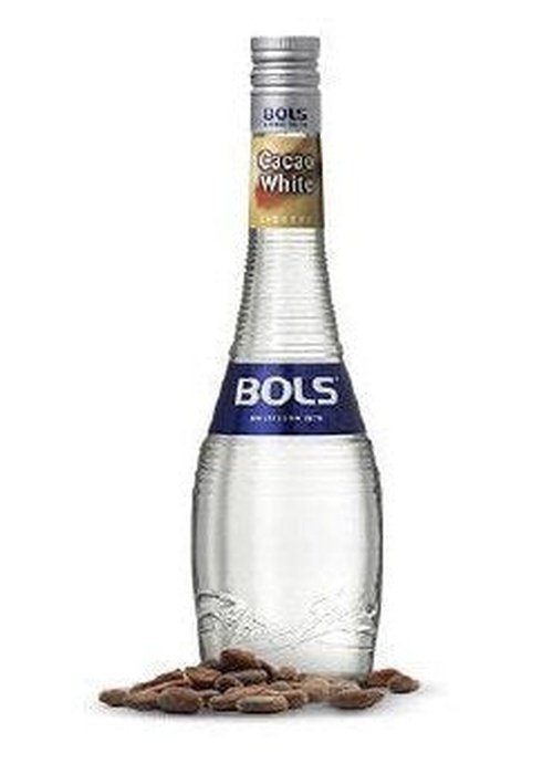Bols Crème de Cacao White 700ml clear liqueur bottle with silver cap and cocoa beans