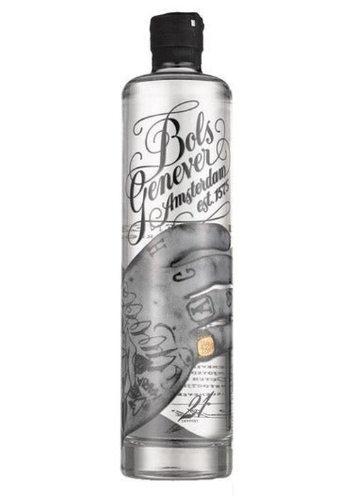 Bols Genever 700ML clear spirit bottle with black cap and Amsterdam label