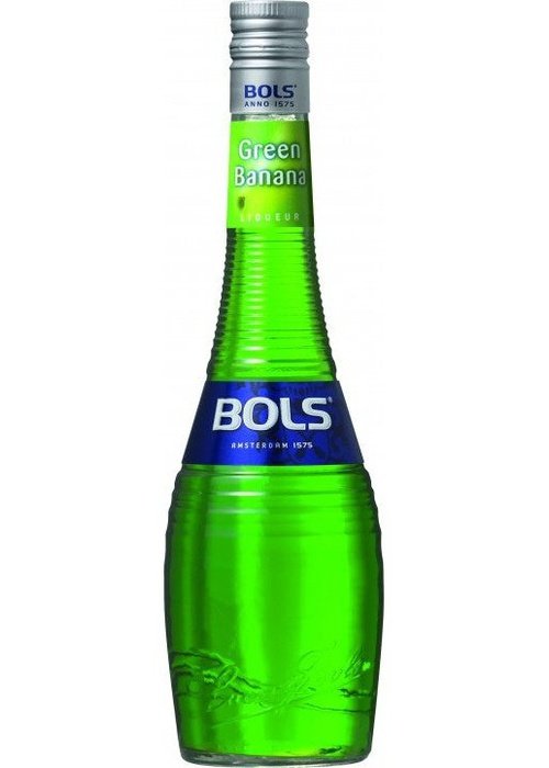 Bols Green Banana liqueur bottle with bright green liquid and silver cap