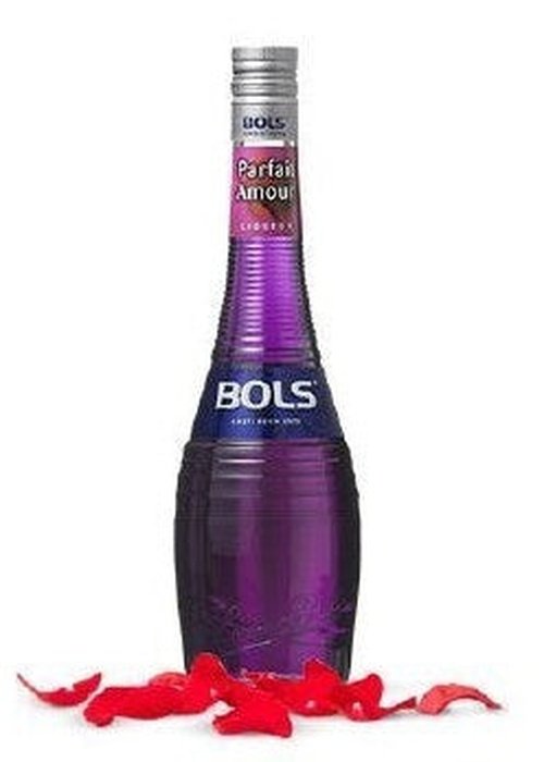 Bols Parfait Amour 700ml dark purple liqueur bottle with rose petals
