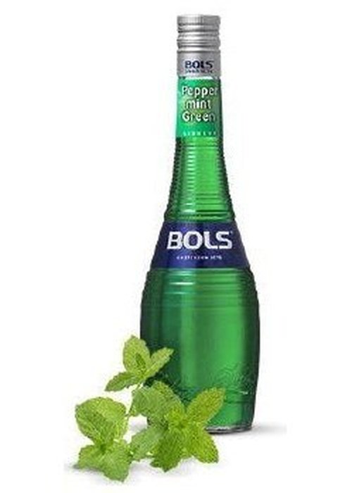 Bols Peppermint Green 700ml liqueur bottle with silver cap and fresh mint leaves