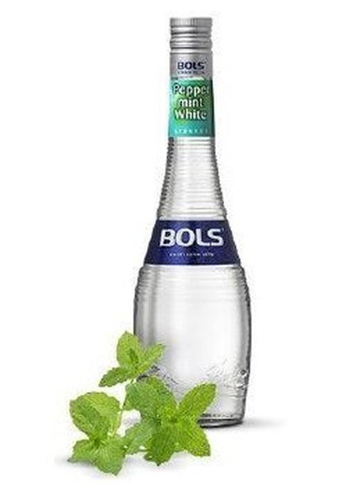 Bols Peppermint White 700ml clear liqueur bottle with silver cap and fresh mint leaves
