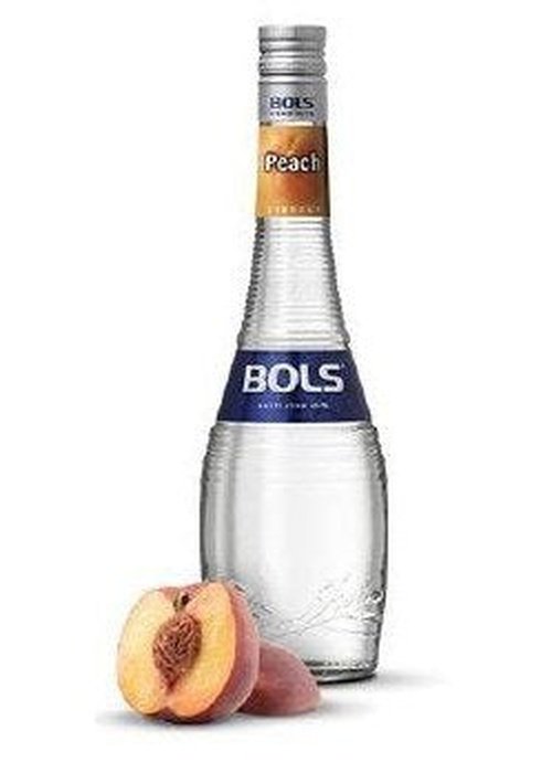 Bols Peach Liqueur 700ml clear glass bottle with silver cap and fresh peaches