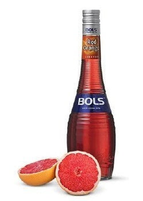 Bols Red Orange 700ml liqueur bottle with ribbed glass and grapefruit halves