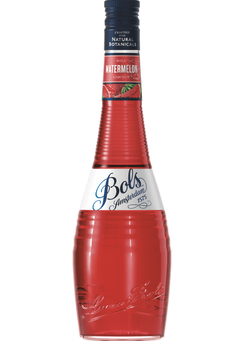 Bols Watermelon liqueur bottle with red liquid and blue cap